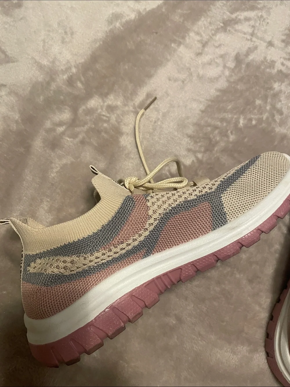 Beige Knit Slip-On Athletic Sneakers with Lace-Up Detail